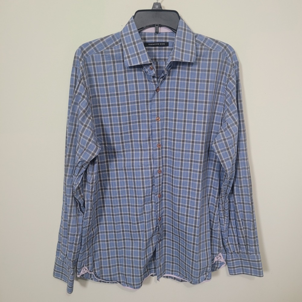 Hammer Made Size 41/16 Button Down Shirt Mens Blue Grey Plaid Long Sleeve Cotton